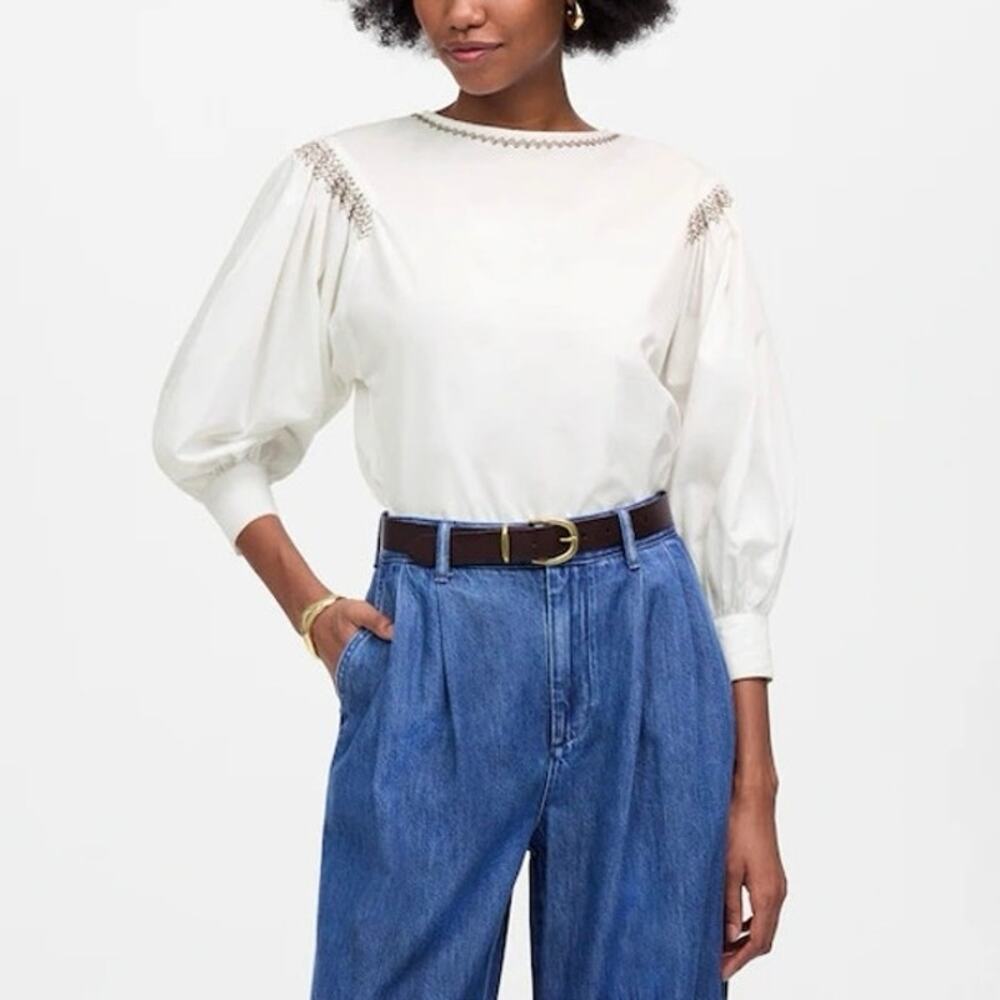 NWT Madewell Embroidered Poplin Balloon-Sleeve Top White Brown Size XS